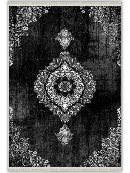 Siyah Beyaz Klasik Madalyon Desenli Vintage Yıkanabilir Bambu Halı - Vezura Koleksiyonu (V10261)
