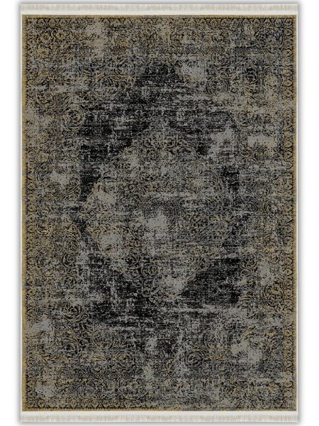 Siyah Gold Klasik Madalyon Desenli Vintage Yıkanabilir Bambu Halı - Vezura Koleksiyonu (V10251)