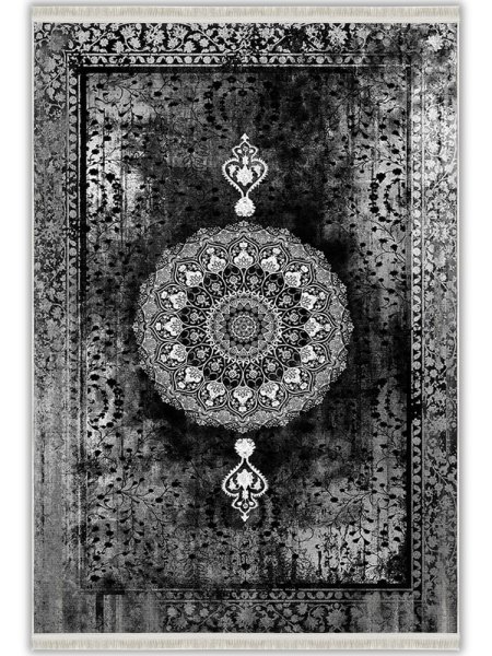Siyah Gri Klasik Madalyon Desenli Vintage Yıkanabilir Bambu Halı - Vezura Koleksiyonu (V10271)