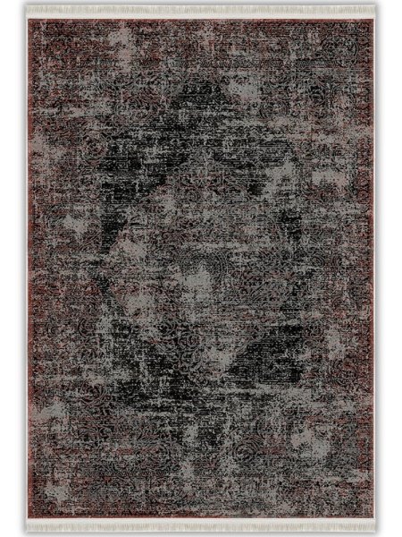 Siyah Kiremit Klasik Madalyon Desenli Vintage Yıkanabilir Bambu Halı - Vezura Koleksiyonu (V10252)