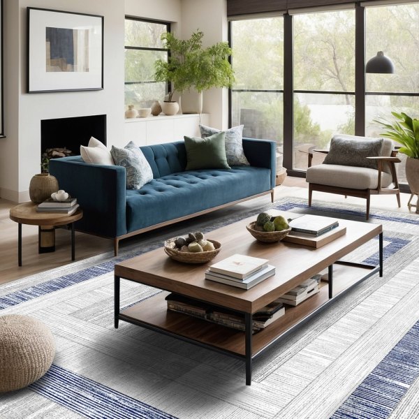Gri Mavi Çerçeveli Geometrik Modern Yıkanabilir Şönil Salon Halısı - Sombra Koleksiyonu (S11362)