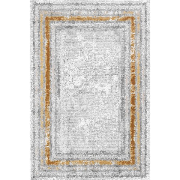 Gri Sarı Eskitme Çerçeveli Modern Yıkanabilir Şönil Salon Halısı - Sombra Koleksiyonu (S11641)