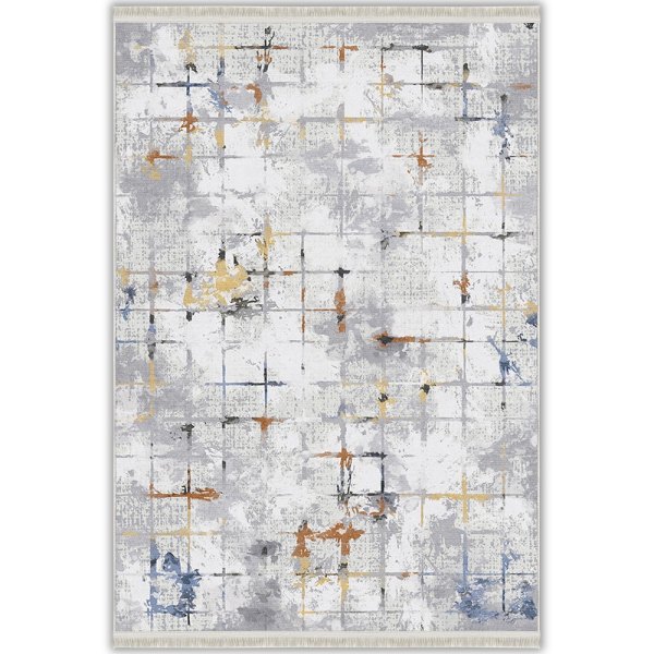 Gri Mavi Gold Kareli Soyut Desenli Modern Yıkanabilir Bambu Halı - Stria Koleksiyonu (S10651)