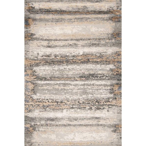 Gri ve Krem Zemin, Antrasit & Vizon Soyut Desenli Yıkanabilir Bambu Salon Halısı (Stria S1051-1)