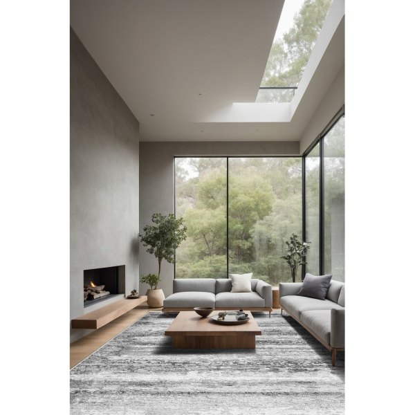 Gri ve Antrasit Soyut Desenli Yıkanabilir Bambu Salon Halısı (Stria S1051-2)