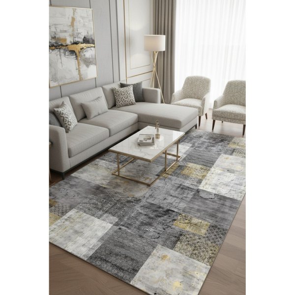 Vezura 10451 Bambu Halı: Gri ve Gold Geometrinin Modern Yorumu