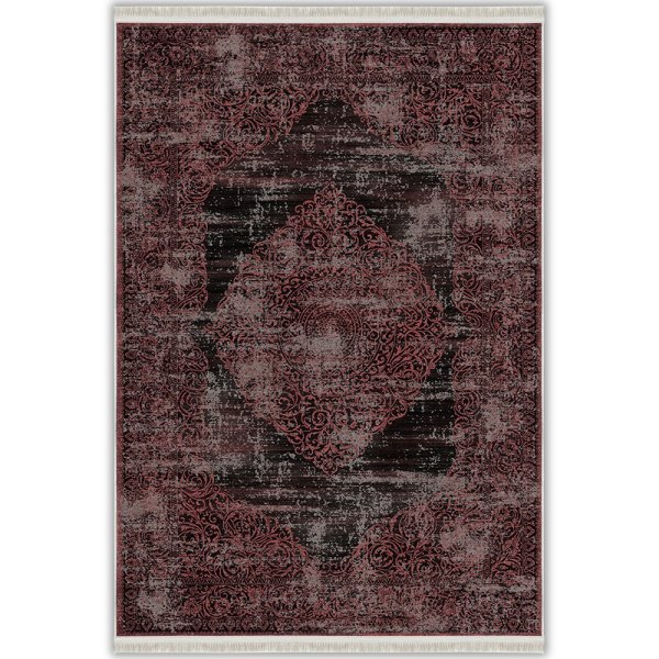 Bordo Siyah Klasik Madalyon Desenli Vintage Yıkanabilir Bambu Halı - Vezura Koleksiyonu (V10253)