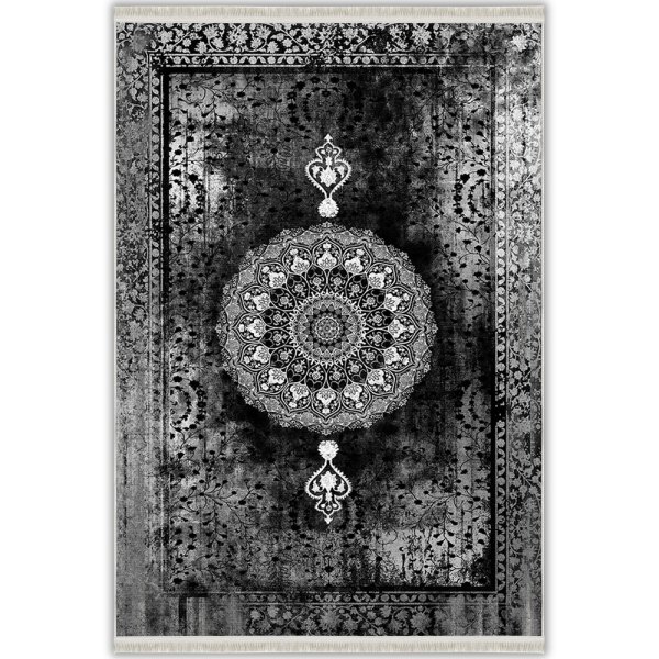 Siyah Gri Klasik Madalyon Desenli Vintage Yıkanabilir Bambu Halı - Vezura Koleksiyonu (V10271)