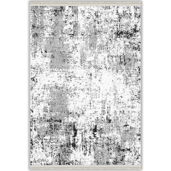 Beyaz Siyah Gri Soyut Eskitme Desenli Modern Yıkanabilir Bambu Halı - Vezura Koleksiyonu (V10581)