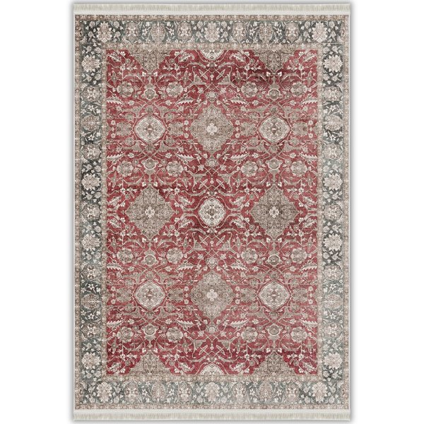 Vezura V10301 Bambu Kırmızı Gri Halı - Vintage Klasik Desen Salon Şıklığı
