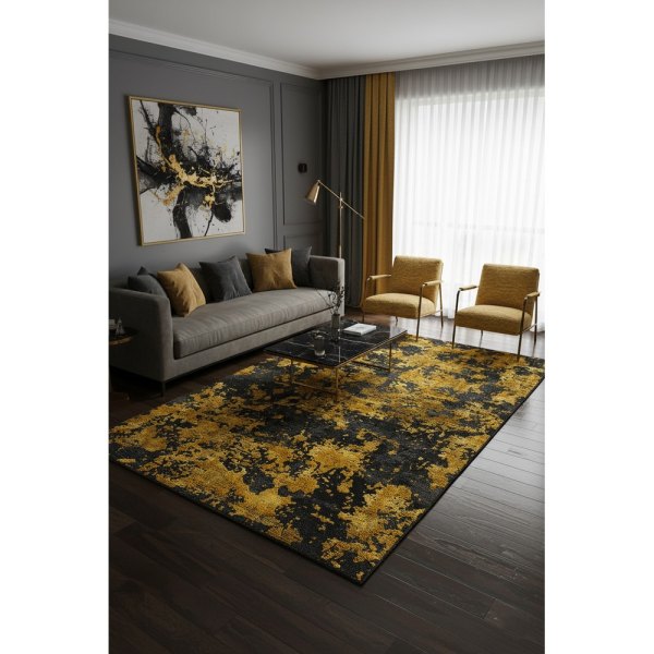 Vezura V10351 Siyah Altın Halı: Modern Işıltının Sanatsal Yansıması