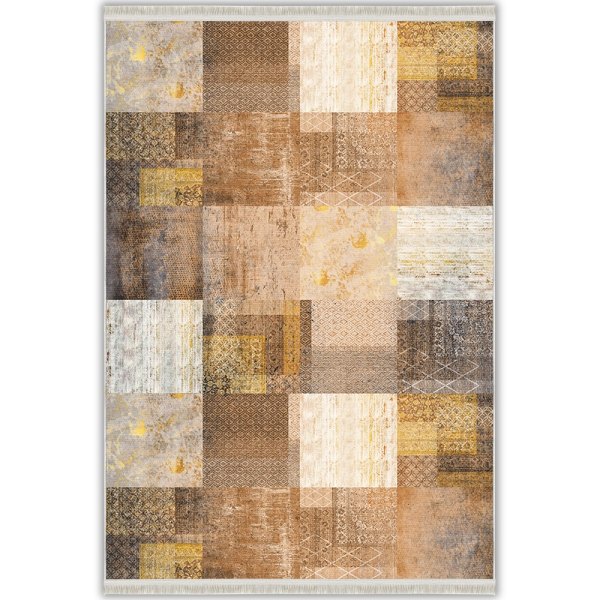 Vezura V10452 Kahve Patchwork Halı: Modern Rustik Şıklığın En Sıcak Hali