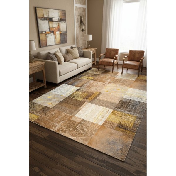 Vezura V10452 Kahve Patchwork Halı: Modern Rustik Şıklığın En Sıcak Hali