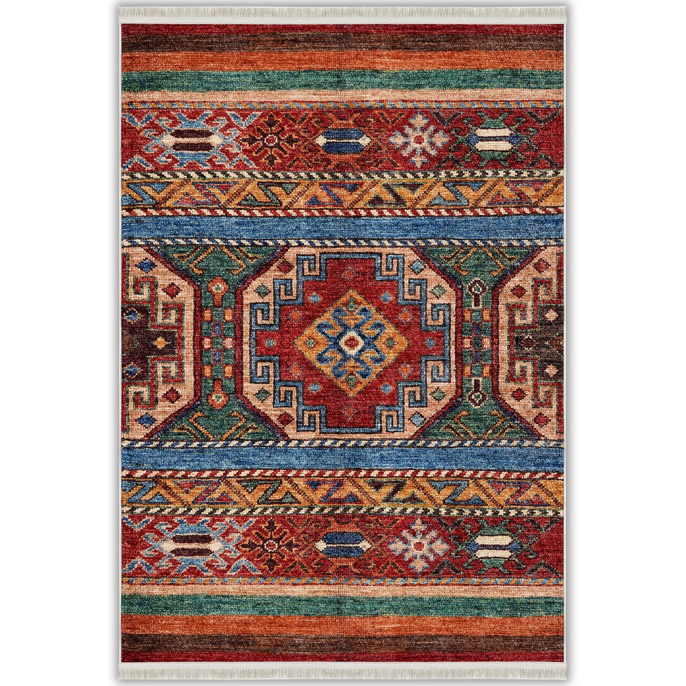 Kırmızı ve Mavi Geleneksel Kilim Desenli Yıkanabilir Bambu Halı