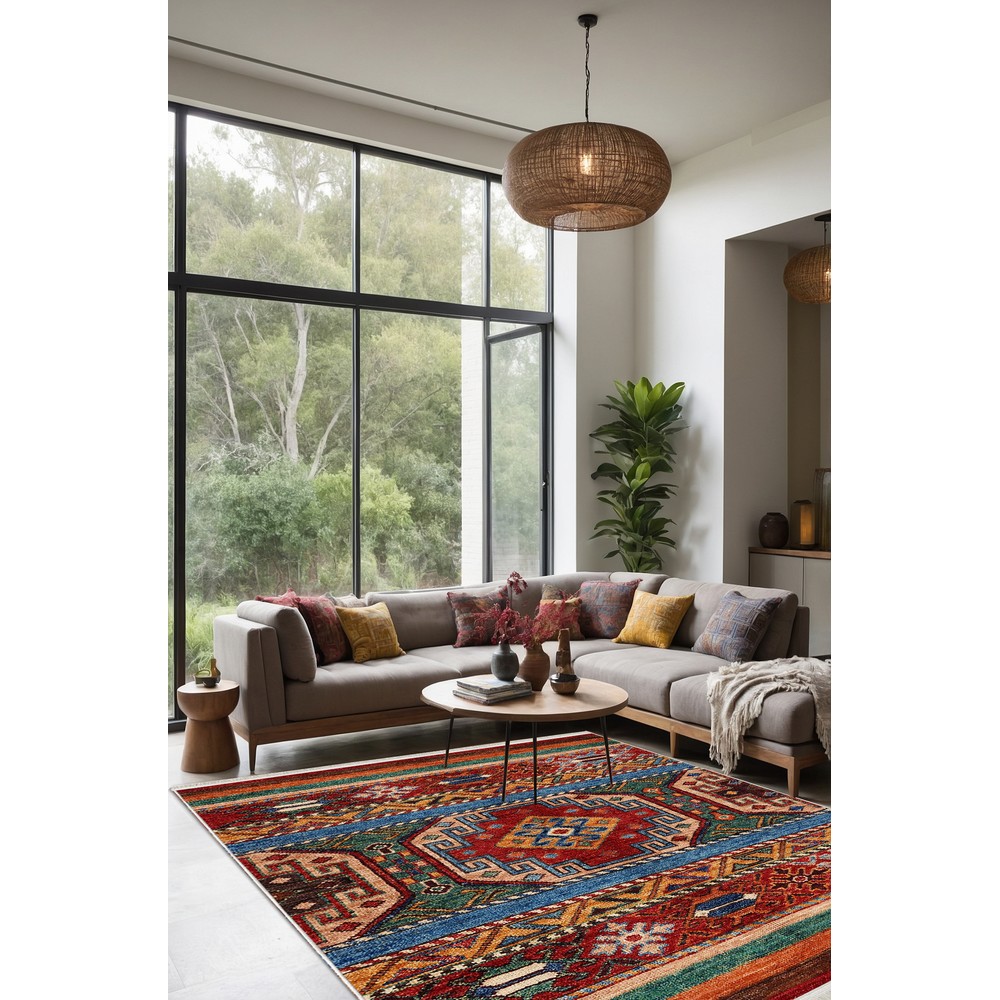 Kırmızı ve Mavi Geleneksel Kilim Desenli Yıkanabilir Bambu Halı, oda içi kullanım