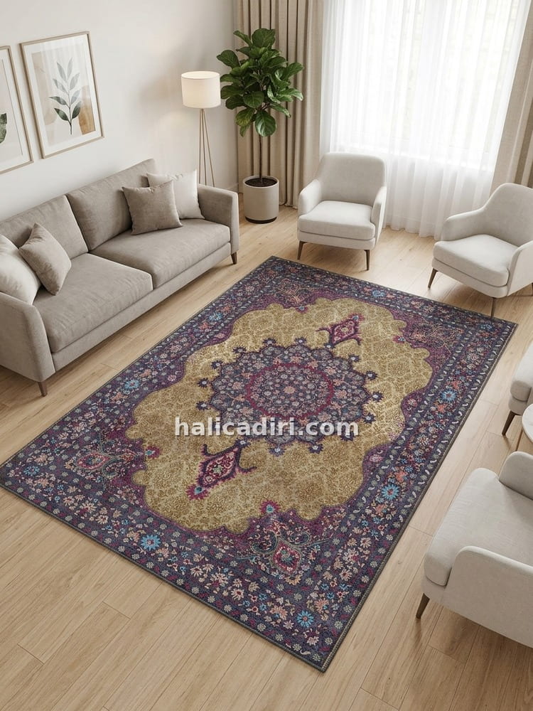 Mor Bej Klasik Madalyon Desenli Vintage Yıkanabilir Bambu Halı - Vezura Koleksiyonu, salon halısı