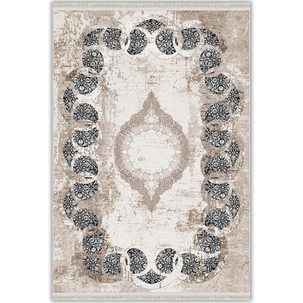 Bej Siyah Modern Madalyonlu Vintage Yıkanabilir Bambu Halı - Perivia Koleksiyonu