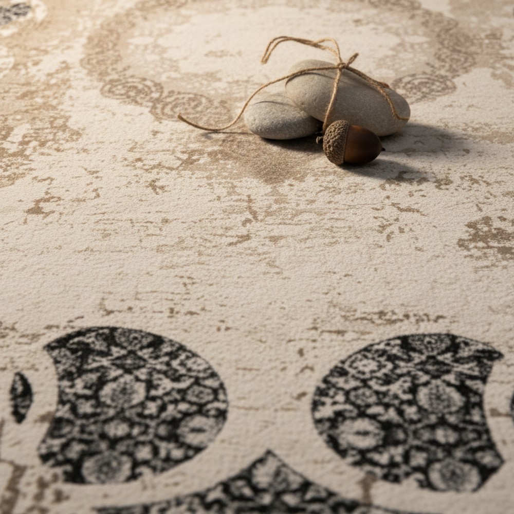 Bej Siyah Modern Madalyonlu Vintage Yıkanabilir Bambu Halı - Perivia Koleksiyonu, kenar ve overlok detayı