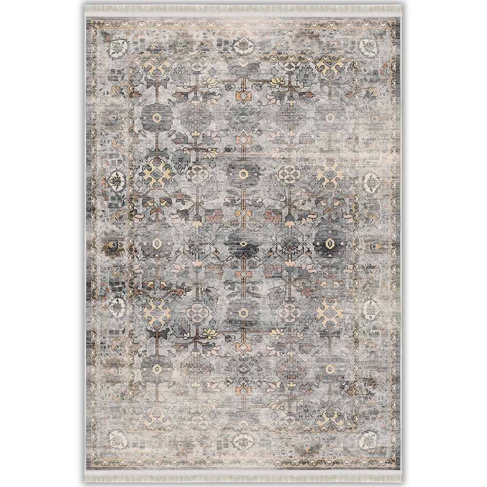 Gri Gold Geometrik Desenli Vintage Yıkanabilir Bambu Halı - Perivia Koleksiyonu