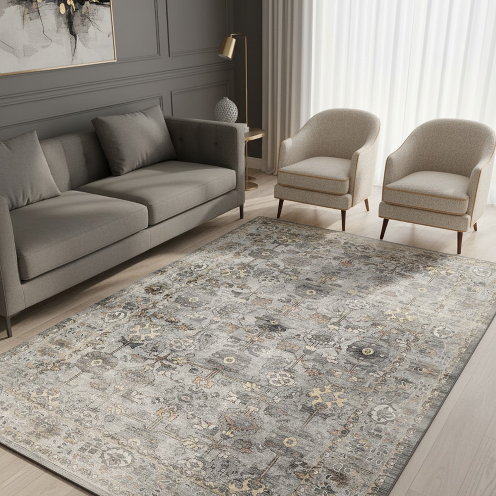 Gri Gold Geometrik Desenli Vintage Yıkanabilir Bambu Halı - Perivia Koleksiyonu, oda içi kullanım