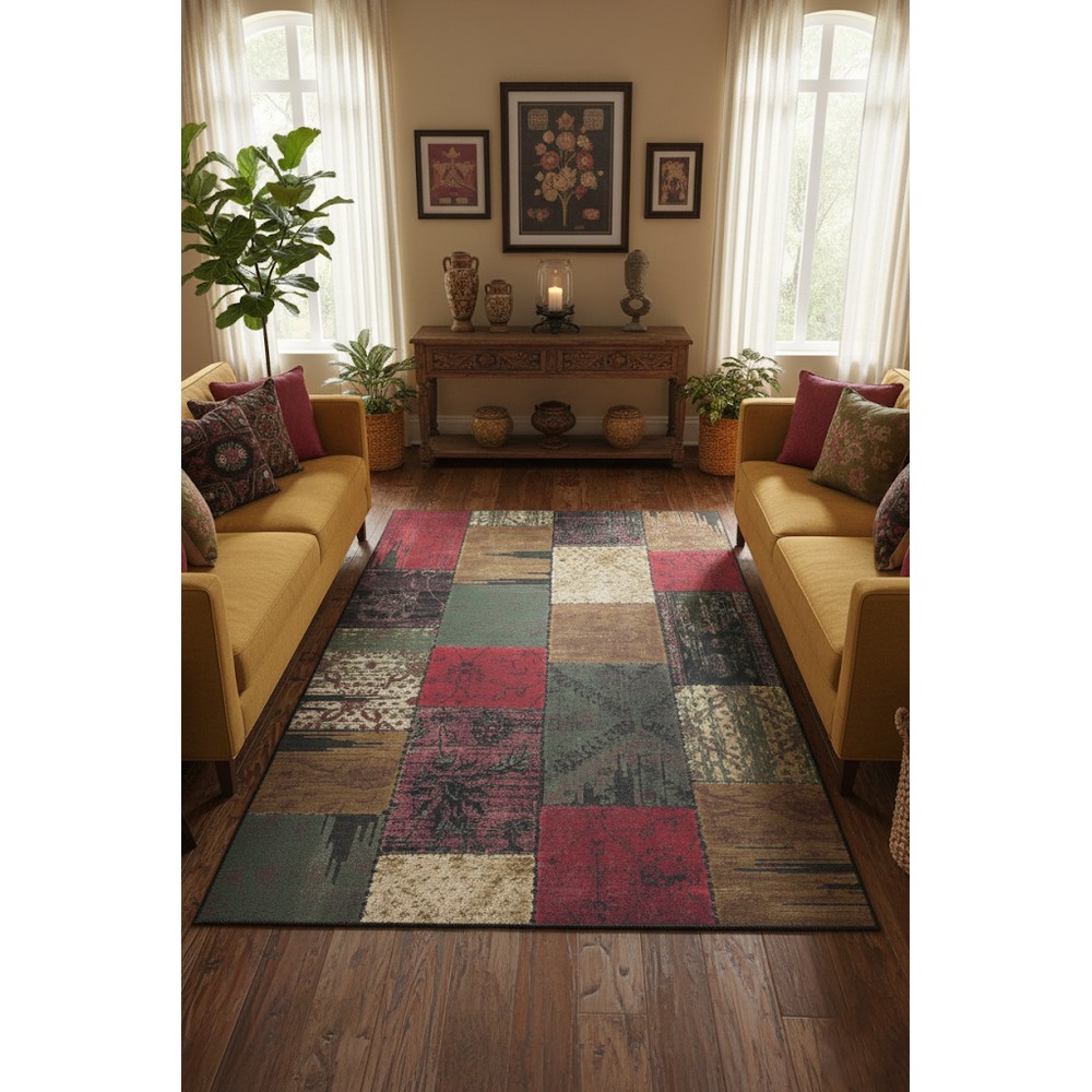 Quintesa Patch 13 Vintage Patchwork Halı: Derin Renklerin Zarif Uyumuyla Şıklık, kenar ve overlok detayı