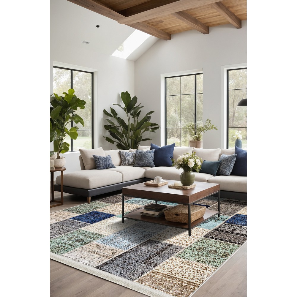 Quintesa Patch14 Bambu Mavi Gri Halı - Vintage Patchwork Mozaik Tasarım, kenar ve overlok detayı