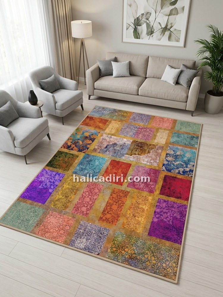 Quintesa Patch169 Patchwork Bambu Halı: Yaşam Alanlarınızda Kültürel Derinlik ve Sofistike Zarafet, oda içi kullanım