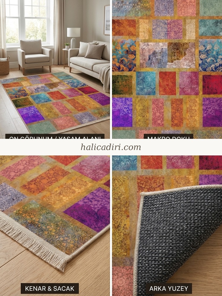 Quintesa Patch169 Patchwork Bambu Halı: Yaşam Alanlarınızda Kültürel Derinlik ve Sofistike Zarafet, kenar ve overlok detayı