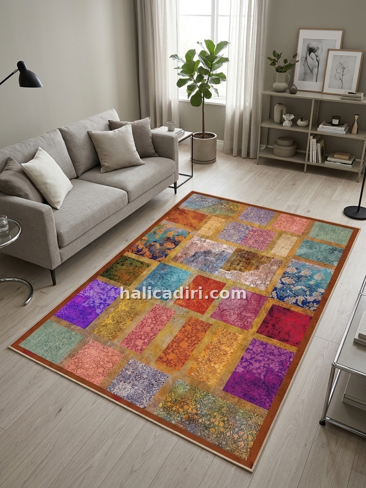 Quintesa Patch169 Patchwork Bambu Halı: Yaşam Alanlarınızda Kültürel Derinlik ve Sofistike Zarafet, modern oturma odasında kullanım