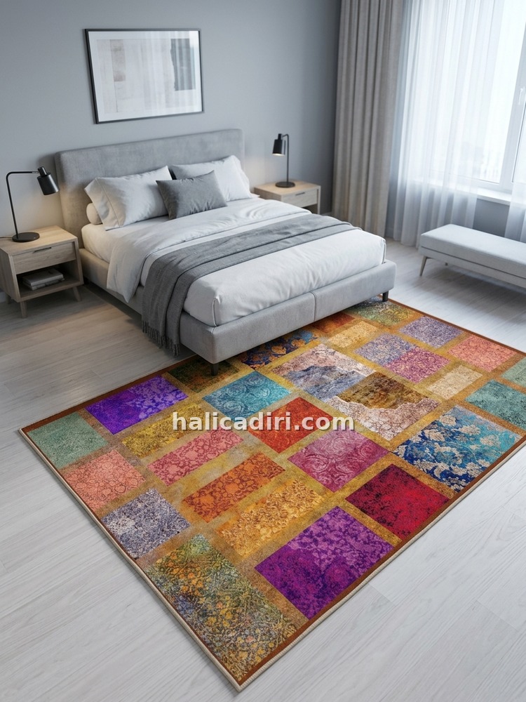 Quintesa Patch169 Patchwork Bambu Halı: Yaşam Alanlarınızda Kültürel Derinlik ve Sofistike Zarafet, yatak odasında kullanım