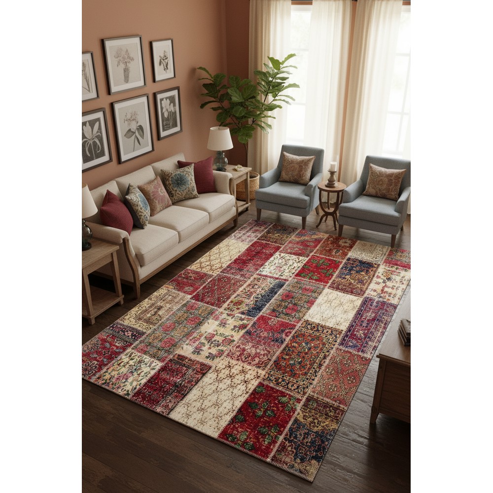 Quintesa Patch17 Bambu Çok Renkli Halı - Klasik Vintage Patchwork Mozaik, kenar ve overlok detayı