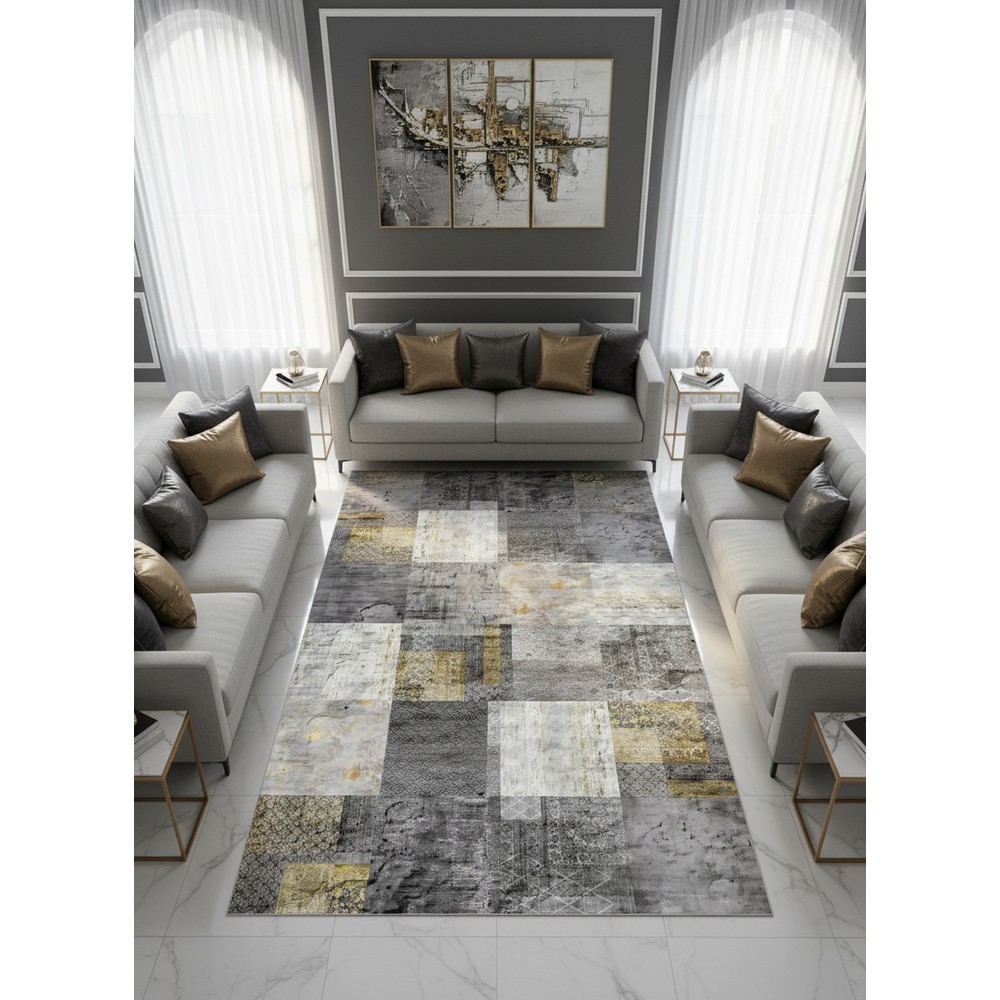 Quintesa Patch451 Bambu Gri Halı - Soyut Endüstriyel Patchwork Tasarım