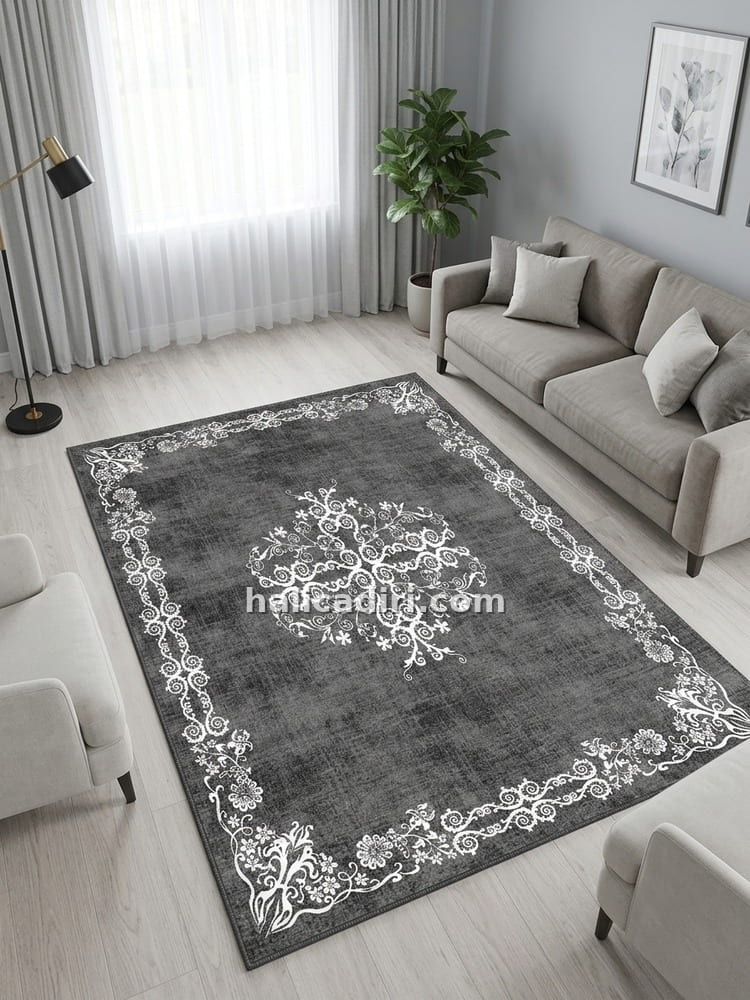 Siyah Beyaz Klasik Madalyon Desenli İpeksi Dokulu Yıkanabilir Bambu Halı, salon halısı