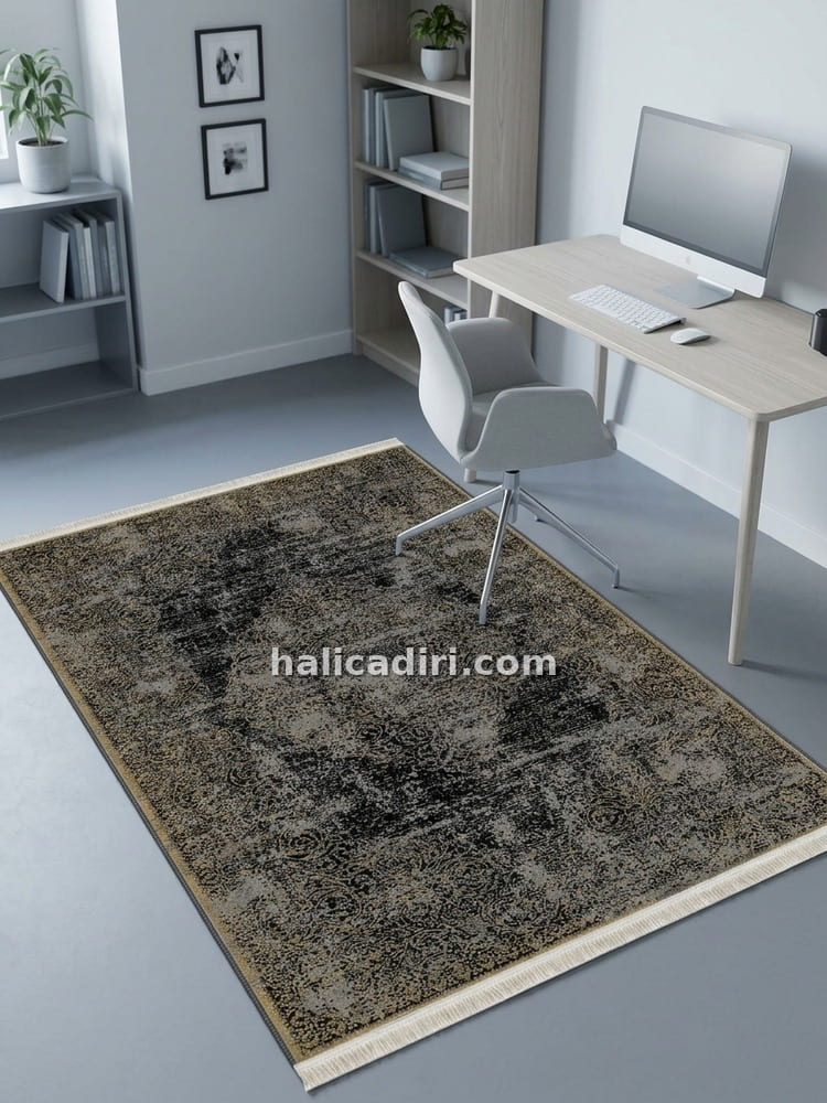 Siyah Gold Klasik Madalyon Desenli Vintage Yıkanabilir Bambu Halı - Vezura Koleksiyonu, genç odası halısı