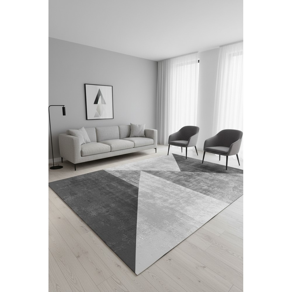 Antrasit Gri Beyaz Geometrik Üçgen Desenli Modern Yıkanabilir Şönil Salon Halısı - Sombra Koleksiyonu, oda içi kullanım