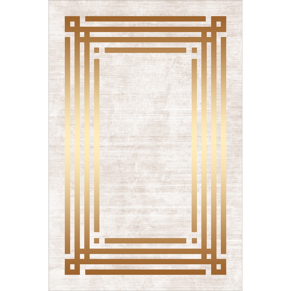 Krem Gold Geometrik Çerçeveli Modern Lüks Yıkanabilir Şönil Salon Halısı - Sombra Koleksiyonu