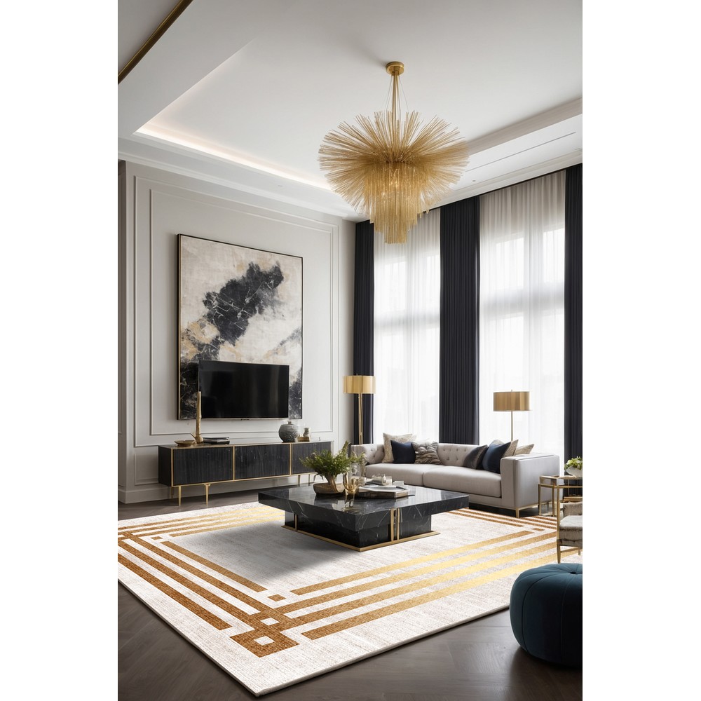 Krem Gold Geometrik Çerçeveli Modern Lüks Yıkanabilir Şönil Salon Halısı - Sombra Koleksiyonu, oda içi kullanım