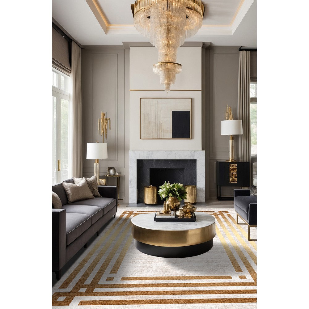 Krem Gold Geometrik Çerçeveli Modern Lüks Yıkanabilir Şönil Salon Halısı - Sombra Koleksiyonu, öne çıkan özellikleri