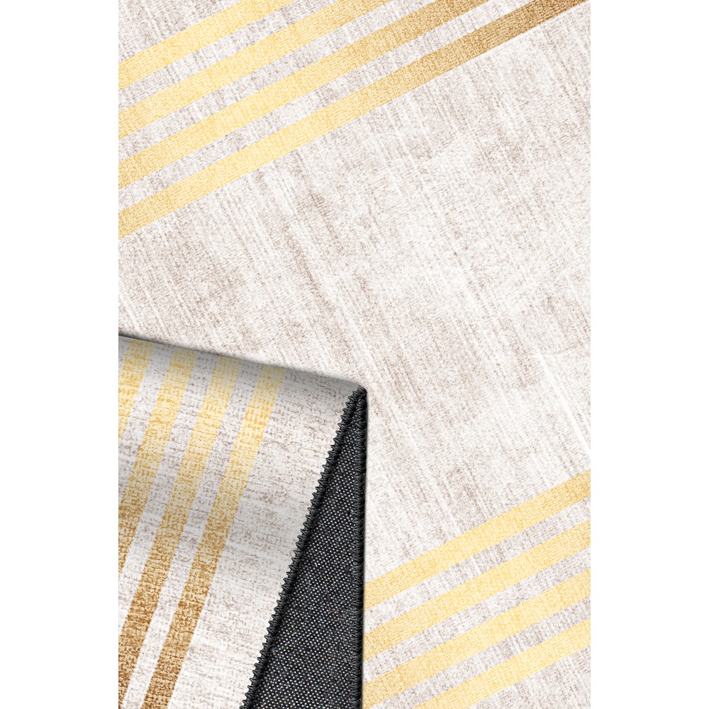 Krem Gold Geometrik Çerçeveli Modern Lüks Yıkanabilir Şönil Salon Halısı - Sombra Koleksiyonu, kenar ve overlok detayı