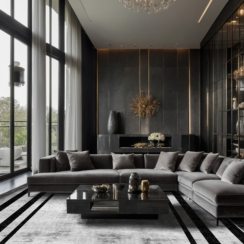 Gri Siyah Çerçeveli Eskitme Desenli Modern Yıkanabilir Şönil Salon Halısı - Sombra Koleksiyonu, oda içi kullanım