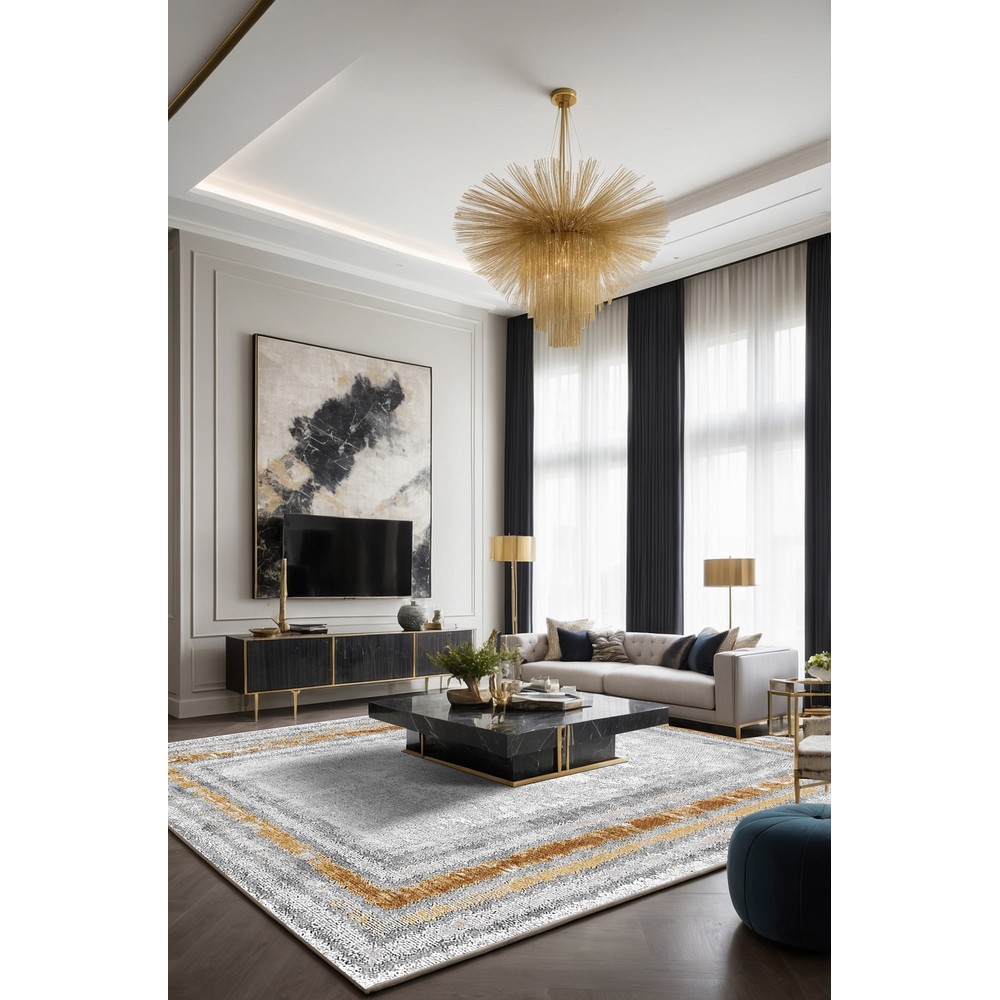 Gri Sarı Eskitme Çerçeveli Modern Yıkanabilir Şönil Salon Halısı - Sombra Koleksiyonu, oda içi kullanım