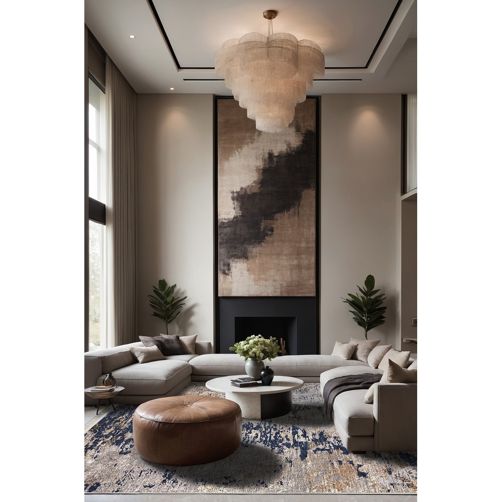 Vezura 10363 Bambu Halı: Mavi ve Krem Tonlarda Modern Soyut Doku, oda içi kullanım