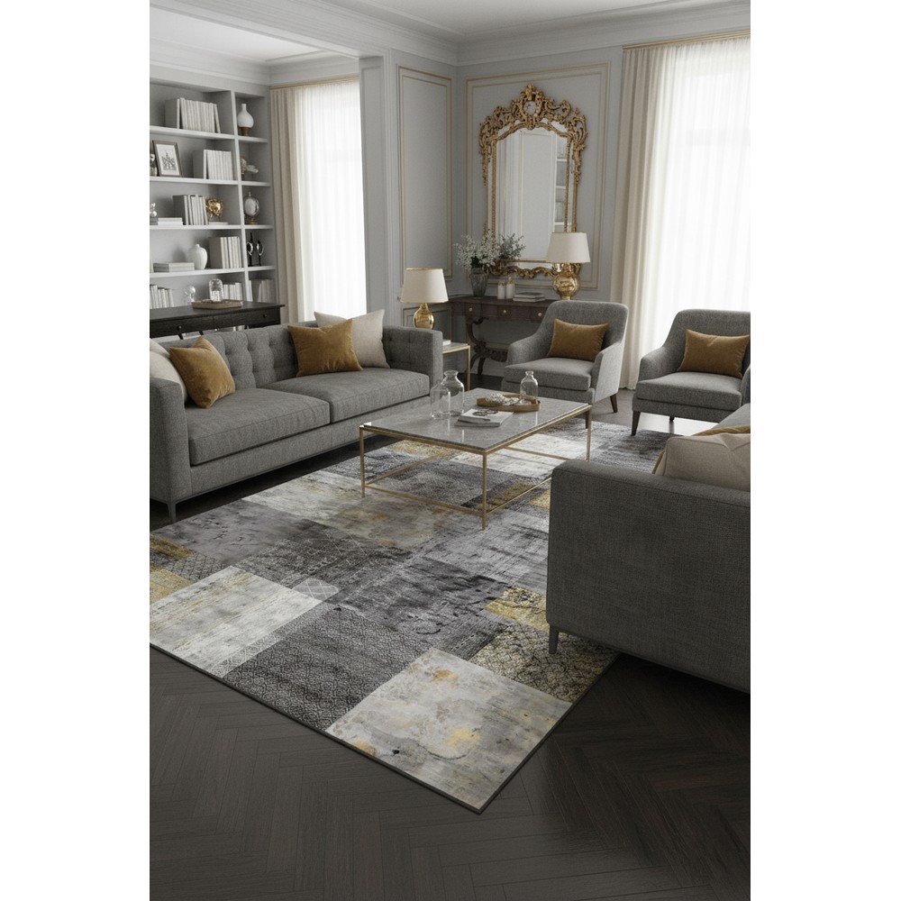 Vezura 10451 Bambu Halı: Gri ve Gold Geometrinin Modern Yorumu, öne çıkan özellikleri
