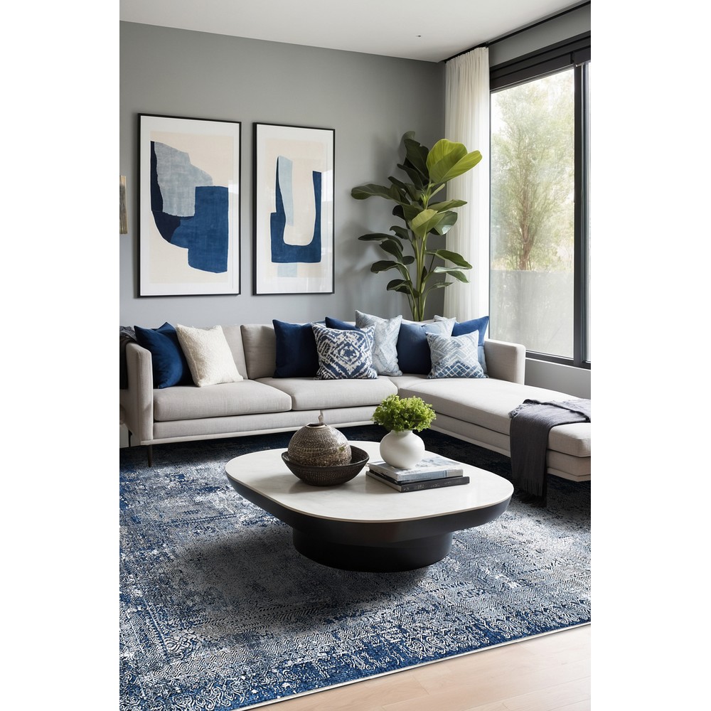 Vezura 10481 Bambu Halı: Lacivertin Derinliğiyle Modern Soyut Şıklık, oda içi kullanım