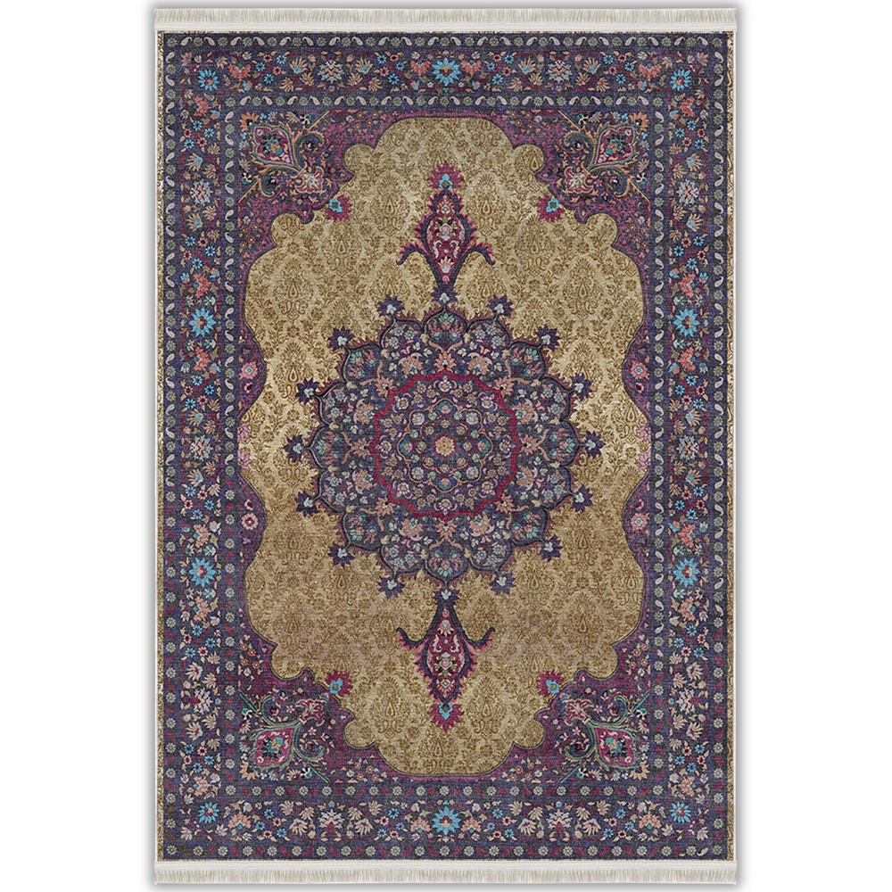Mor Bej Klasik Madalyon Desenli Vintage Yıkanabilir Bambu Halı - Vezura Koleksiyonu