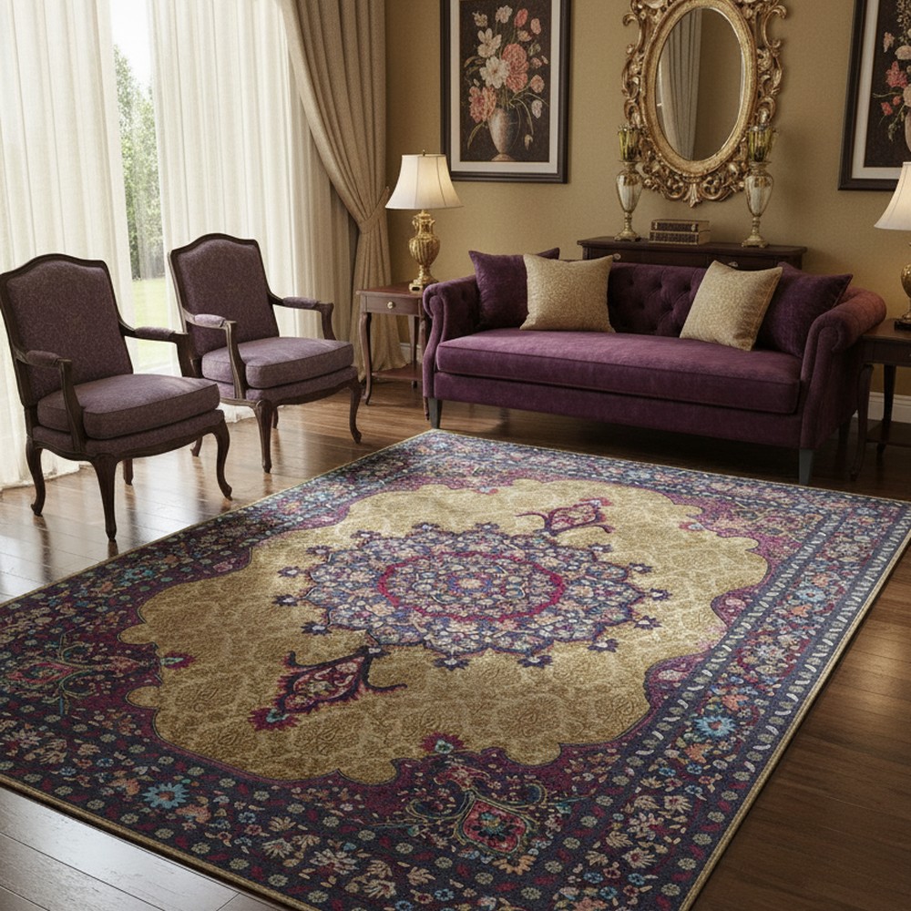 Mor Bej Klasik Madalyon Desenli Vintage Yıkanabilir Bambu Halı - Vezura Koleksiyonu, oda içi kullanım