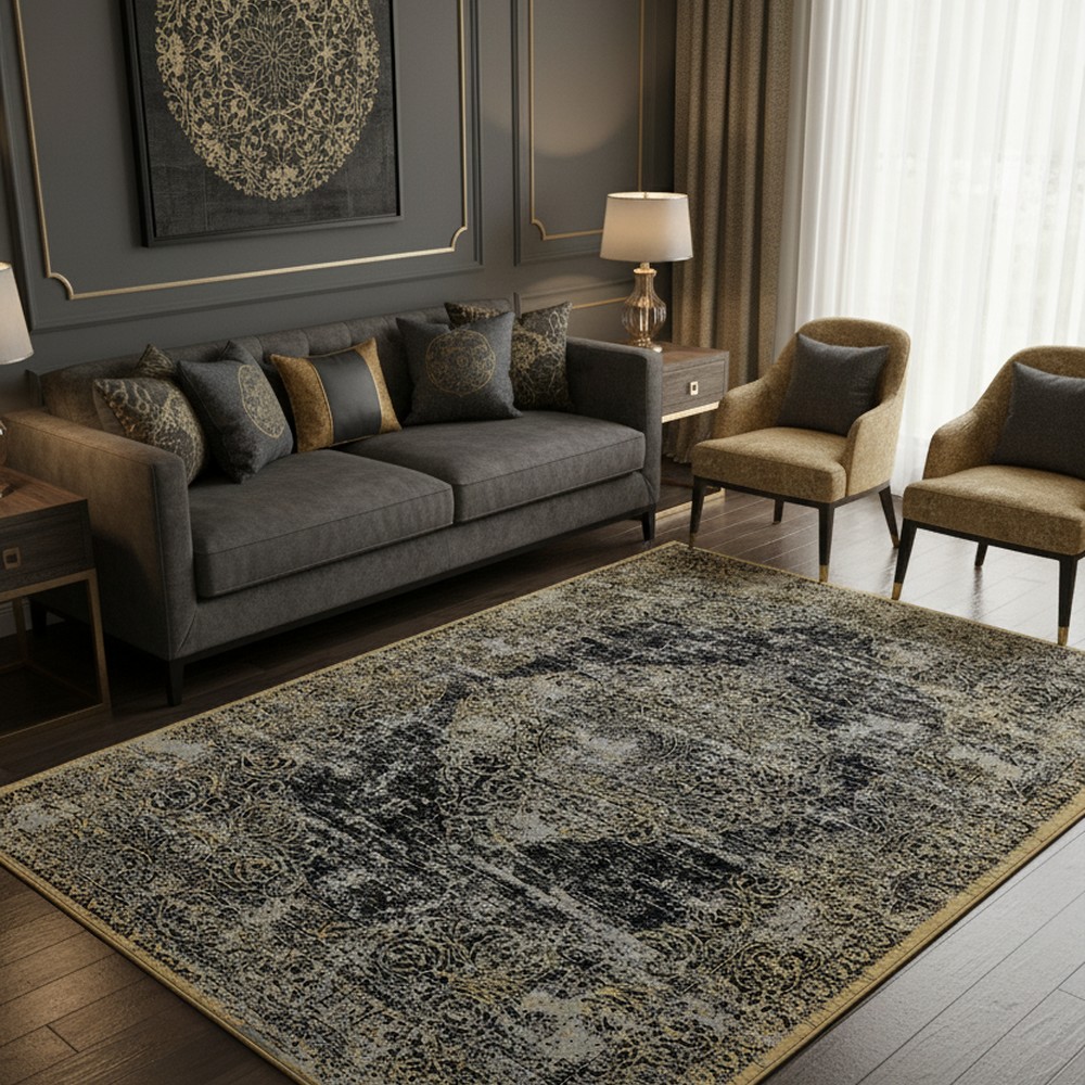 Siyah Gold Klasik Madalyon Desenli Vintage Yıkanabilir Bambu Halı - Vezura Koleksiyonu, oda içi kullanım