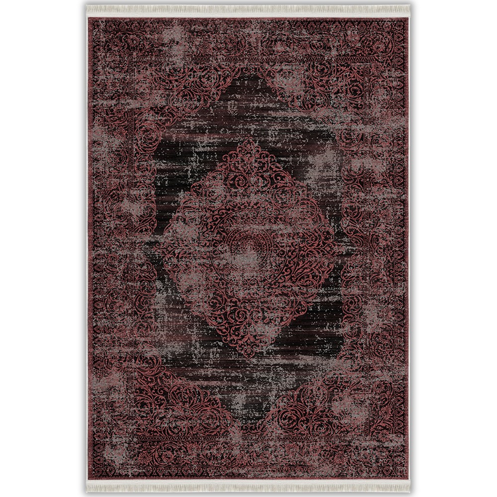 Bordo Siyah Klasik Madalyon Desenli Vintage Yıkanabilir Bambu Halı - Vezura Koleksiyonu