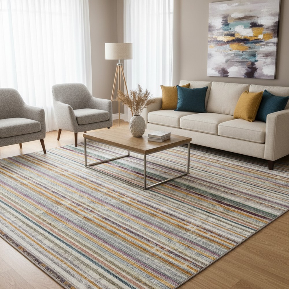 Çok Renkli Çizgili Modern Yıkanabilir Bambu Halı - Vezura Koleksiyonu (V10421)