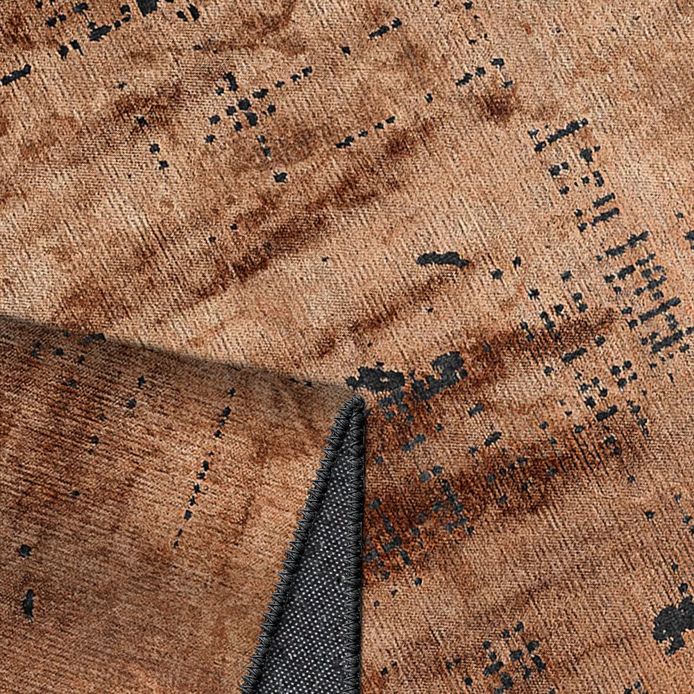 Bakır Kahve Soyut Eskitme Desenli Vintage Yıkanabilir Bambu Halı - Vezura Koleksiyonu (V10603)